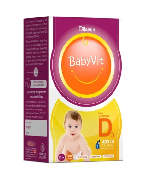 United Pharma Ditamin Babyvit Vitamin D3 400 IU Drops 10 ML For Babies Kuwait ديتامين بيبيفيت قطرات فيتامين دي 3 400 وحدة دولية، 10 مل للأطفال الرضع الكويت